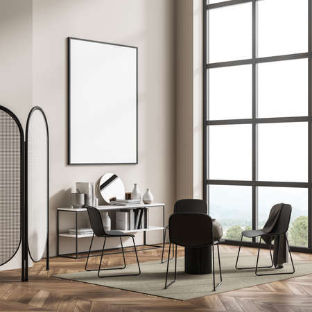 Corner of beige living room interior with empty mockup poster, panoramic window, devider, four...