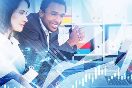 Businessman and businesswoman or stock traders analyzing stock data to apply new strategy to beat...