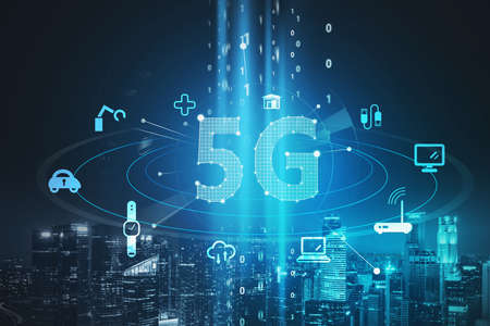 Blue hologram icons of 5G digital network. Singapore night panoramic city view. Wireless systems and...