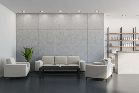 Reception zone with beige sofa, armchairs and black coffee table. Gray tiling wall in the left area...