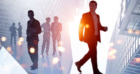Silhouettes of busy diverse business people rushing and looking solutions for business development...