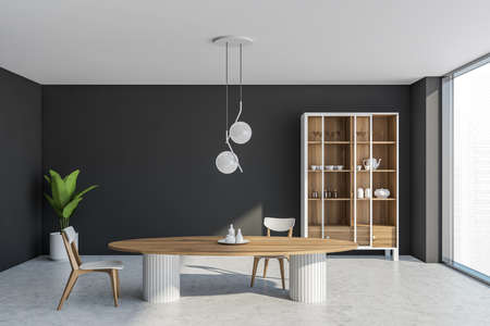 Interior with table, two chairs, cupboard with crockery and glass doors, dark gray walls, pairing...