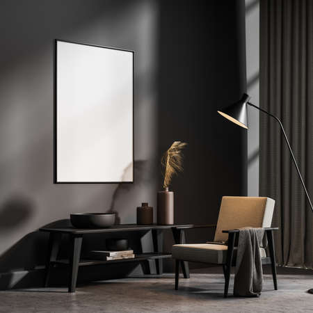 Mock up empty posters on the wall. Modern living room interior. Stone floor and stylish furniture....