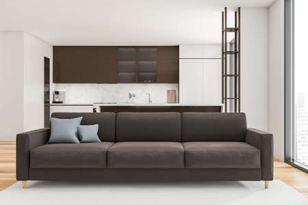Modern Living dining Room Interior in skyscraper building, big Asian city. Luxury apartment on high...