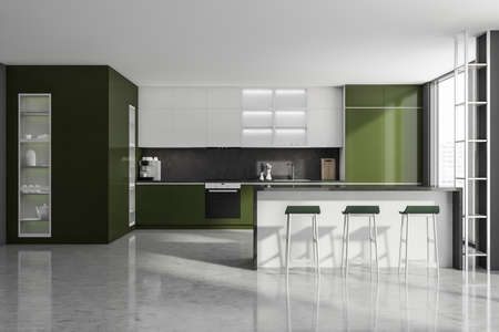Modern Kitchen Room Interior. Luxury apartment on high floor. 3d rendering.