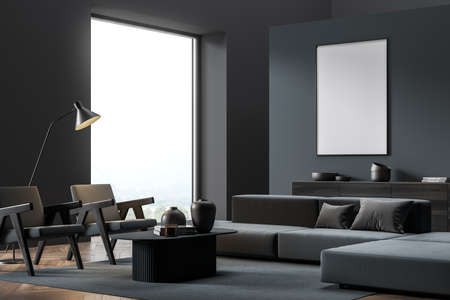 Mock up empty posters on the wall. Modern living room interior. Wooden floor and stylish furniture....