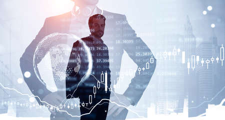 Two confident businessman traders, candlesticks forex hologram changes with quotations and glowing...