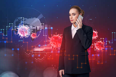 Businesswoman in formal suit is talking on smartphone, hologram financial chart and globe. Economic...