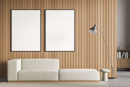 Two banners in the living room studio with original beige sofa, floor light, modern coffee table and...
