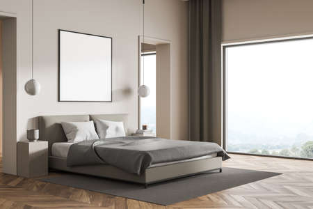 Mockup poster on the beige wall above the gray bed. Bedroom interior with panoramic view, pendant lamps, rug, two exibits and parquet floor. Concept of a modern house design. 3d renderingの写真素材