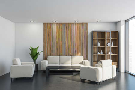 Interior with sofa, two chairs, coffee table, cupboard with crockery, panoramic view, four lights,...