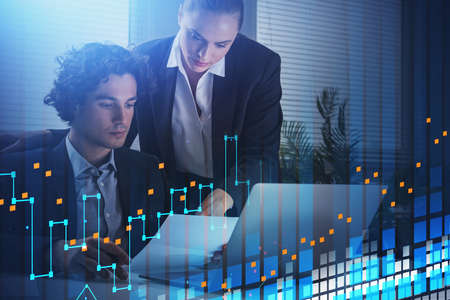Businesswoman and businessman in formal suits working together. Office background. overlay of...