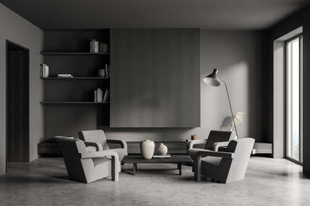 Living room interior, having corrugated mockup place for banner, modern shelves, concrete flooring, four armchairs, surrounding coffee table, slim lamp and doorway. 3d renderingの写真素材