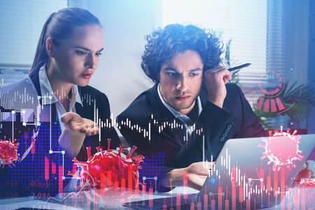 Communication of two business people, working together, office space, hologram of decreasing forex...