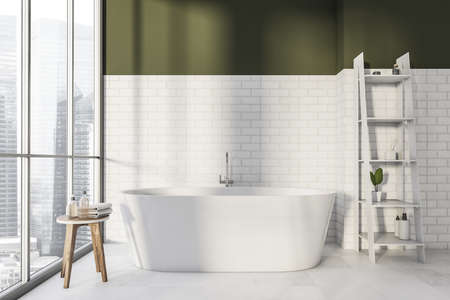 Concept of a modern interior design, having white brick wall with dark olive upper part, tiled...