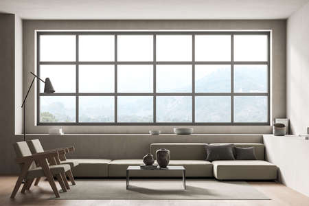 Living room interior with horizontal Japanese window, sofa, ledge, minimalist coffee table, lamp and...