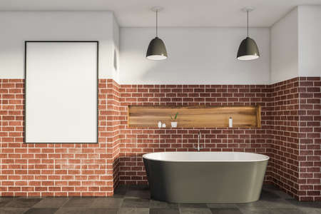 Empty mockup on the brick alike wall with white details. Wooden niche and two pendant lamps above...