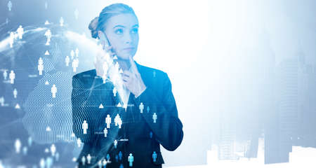 Businesswoman in suit is talking smartphone with business colleagues on distance, double exposure....