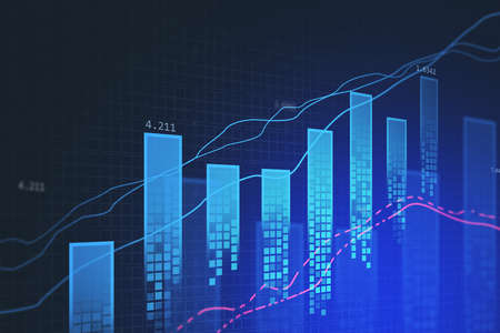 Bar chart with skyscraper alike bars and several graphs, including intermittent red lines, showing growth on squared dark blue background. Financial forest concept. 3d renderingの写真素材