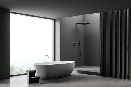Panoramic bathroom interior with dark panel partition, on-trend tub, shower area, original stool, concrete floor and gray walls. A concept of modern house design. 3d renderingの写真素材