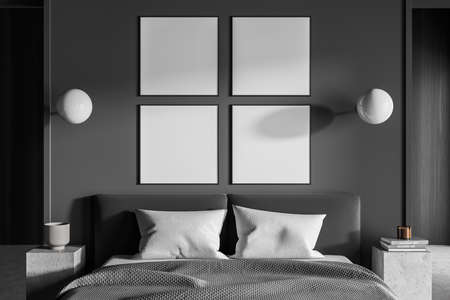 Four banners on the gray wall above the on-trend bed interior with geometric design of two accent white lights and bedside tables. A concept of modern house. 3d renderingの写真素材