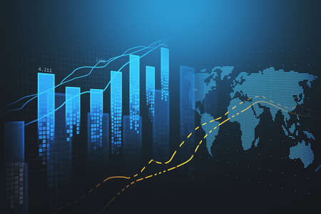 Blue cyberspace with glowing charts and graphs, including two intermittent bright yellow lines,...