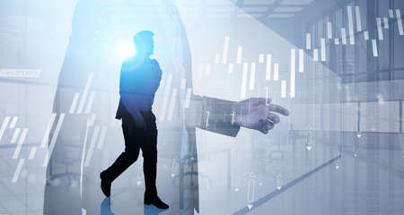 Side views of two walking business people rushing along panoramic modern consulting office, forex...