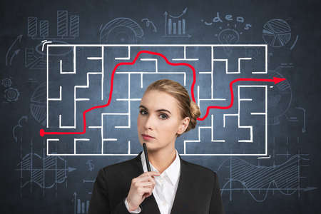 Attractive serious teacher in formal suit is standing and holding a pen in her hand. Sketch with bar and pie diagram, labyrinth, line, exit, light bulb, cogwheel, dollar. Concept of studyingの写真素材