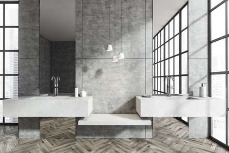 Bright bathroom interior with double sink, concrete gray wall, mirror, panoramic window with...