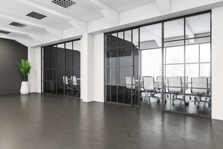 Corner of white and gray office interior with empty hall in the area close to the meeting room with...