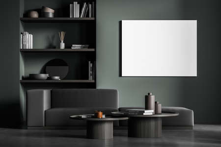 Mock-up banner in the dark green living room interior with niche shelves, concrete floor, two coffee...