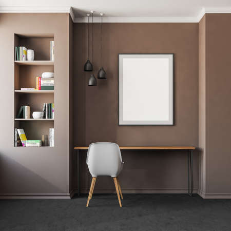 Dark living room interior with white empty poster, comfortable chair, table, books, bookshelf, and...