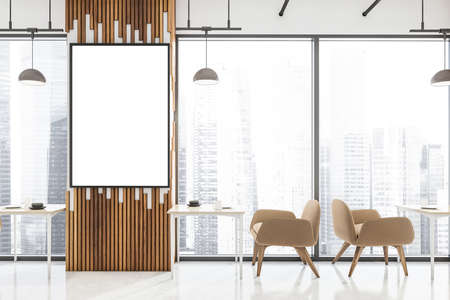 Poster with panoramic cafe interior, having original wall panels near tables and beige armchairs....