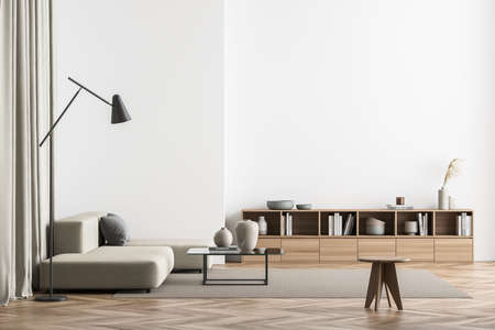 Minimalist beige living room interior with empty walls, L sofa, floor lamp, coffee table, stool,...