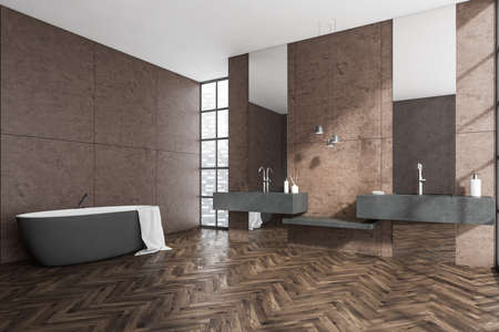 Bright bathroom interior with bathtub, double sink, brown wall, mirror, panoramic window with...