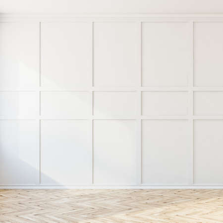 Living room interiror with white empty blank wall and bright oak wooden parquet floor. Perfect place...