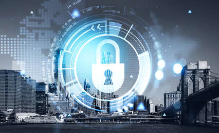 New York city skyscraper downtown panoramic view. Digital interface with hologram of padlock in the...
