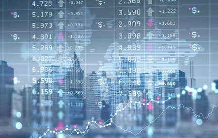 New York city skyscraper downtown panoramic view. Financial chart with graph and lines in the...