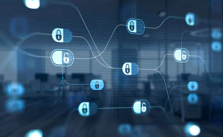 Symbolic scheme with locked and unlocked icons in the blue digital cyberspace. Dot layer and blurred...