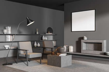 Mock up poster near corner corridor in the gray living room interior with two armchairs, fireplace,...