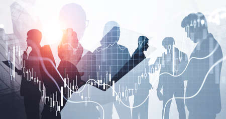 Silhouettes of group of business people work together, talking and discussing new financial...