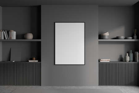Empty white poster in the center of dark gray wall in living room interior design with the wooden basement ledges of two symmetric niches with two shelves. Minimalist concept. Mock up. 3d renderingの写真素材
