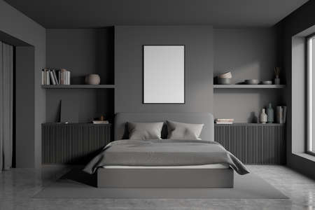 Poster in the bedroom with gray design, using two symmetric niches with two wooden basement ledges...