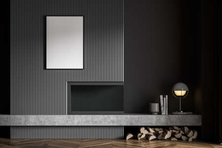 Dark gray interior with modern low shelf, poster, contemporary fireplace, trendy wall paneling and...