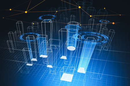 Digital interface with hologram of geometrical figures that illustrate city skyscraper. Dark blue...