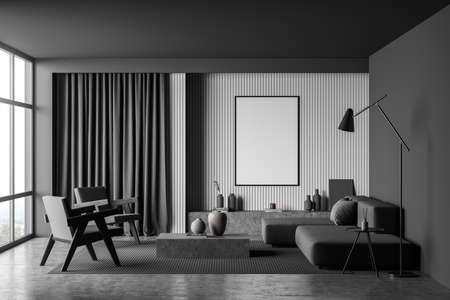 Minimalist gray living room, having a sofa, armchairs, two coffee tables, a lamp, the curtains, a...