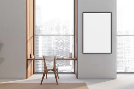 Empty framed canvas in a white hotel room interior with the panoramic niche, having a desk and a chair. Concrete flooring. Mock up. A concept of modern residential building design. 3d renderingの写真素材