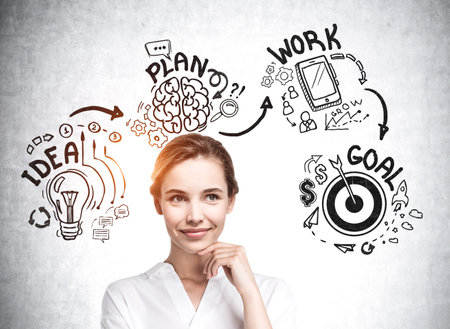 Businesswoman wearing white blouse is standing in front of concrete wall with sketch with light bulb, message, smartphone, brain. Concept of thinking for creative idea for successful business strategyの写真素材