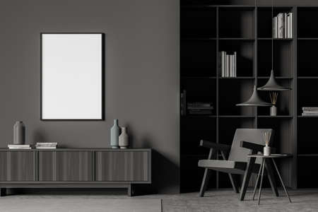 Empty canvas in dark gray living room interior with an armchair next to a shelving, a sideboard,...