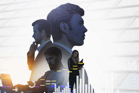Businesswoman and businessman wearing formal suit work together. Skyscraper with bar and pie diagram...